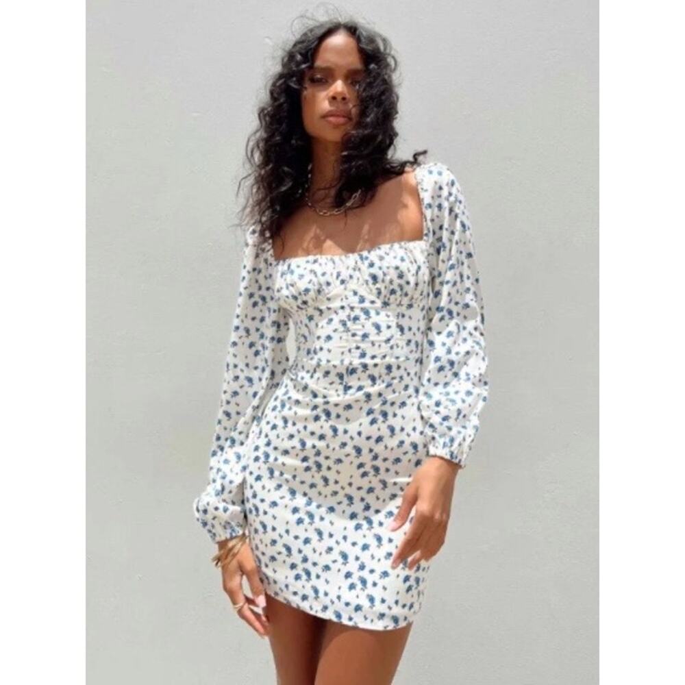 Princess Polly Vilma Long Sleeve Mini Dress Size 4 White Floral Corset Romantic